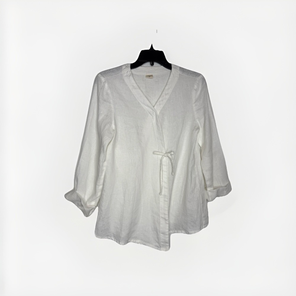 Lintico Linen Top Women's Size S White V Neck Oversize Lagenlook Tie Front Vacay